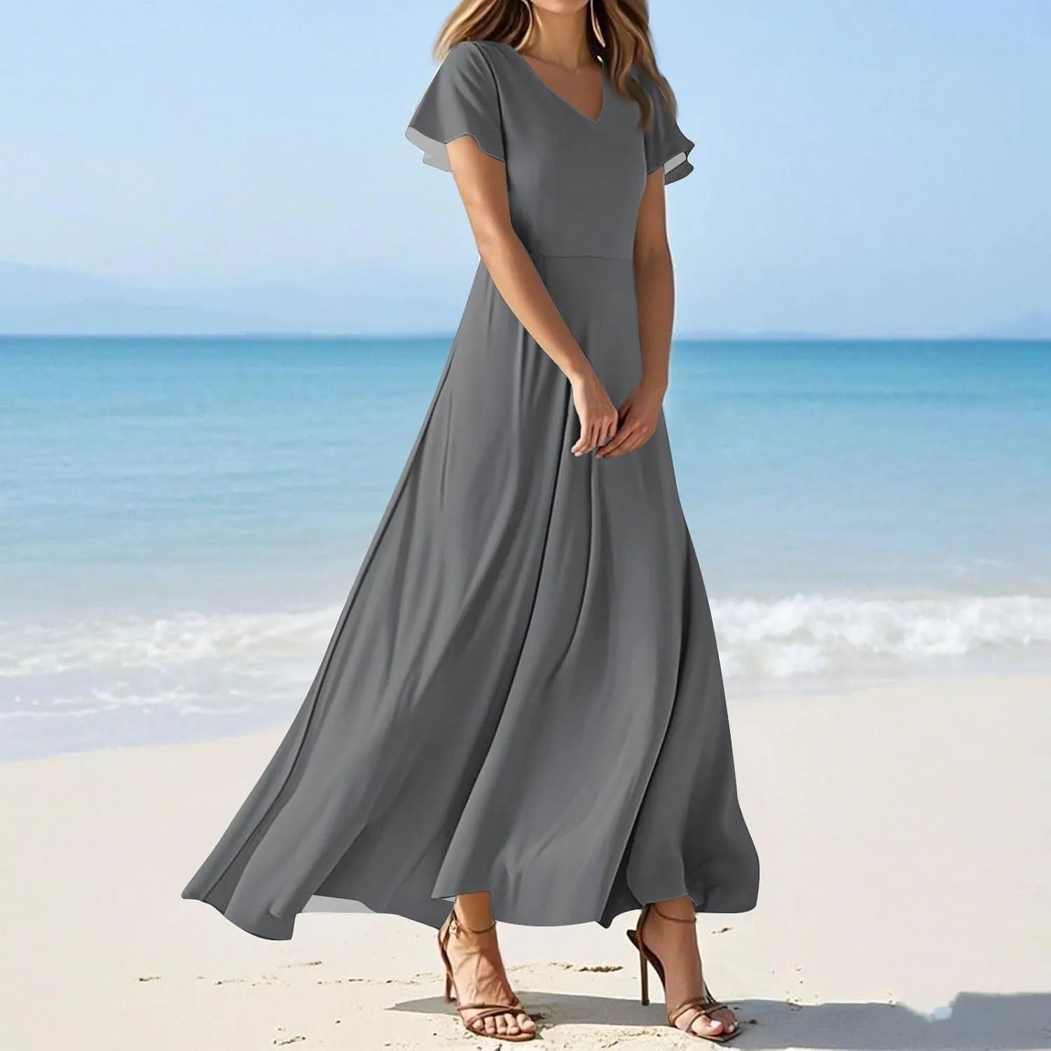 Summer Dresses for Women 2025 Trendy Dressy Casual Boho Floral Flowy Ruffle V Neck Short Sleeve Maxi Dress