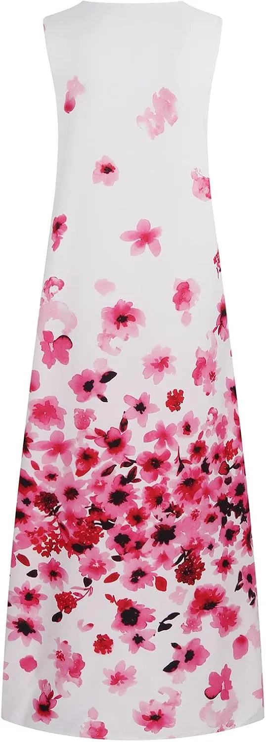 Summer Dresses for Women Fashion Long Dress with Pockets Boho Floral Print Sleeveless Maxi Dress Floor Length Dress