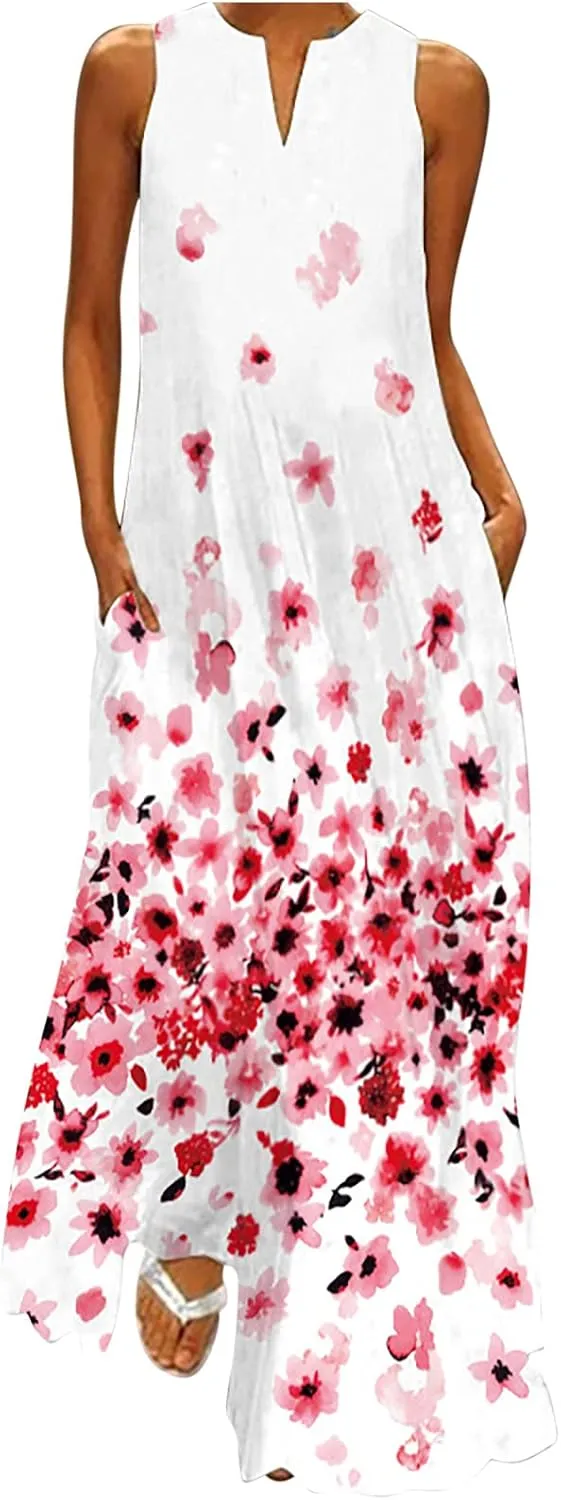 Summer Dresses for Women Fashion Long Dress with Pockets Boho Floral Print Sleeveless Maxi Dress Floor Length Dress