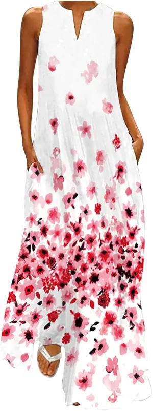 Summer Dresses for Women Fashion Long Dress with Pockets Boho Floral Print Sleeveless Maxi Dress Floor Length Dress