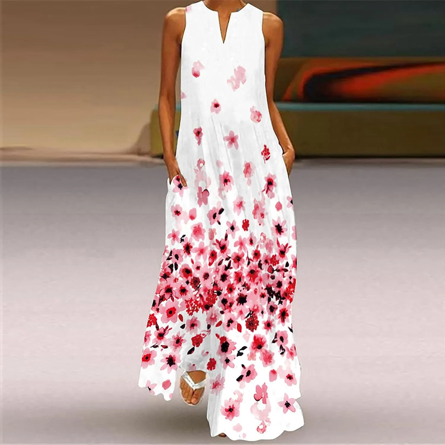 Summer Dresses for Women Fashion Long Dress with Pockets Boho Floral Print Sleeveless Maxi Dress Floor Length Dress
