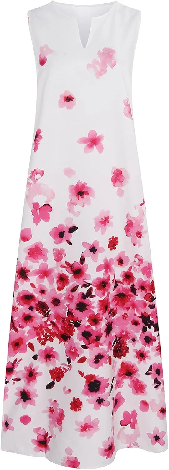 Summer Dresses for Women Fashion Long Dress with Pockets Boho Floral Print Sleeveless Maxi Dress Floor Length Dress
