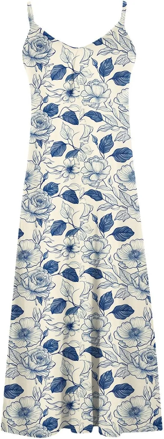 Summer Maxi Dresses for Women 2024 Sexy Floral Slip Dress Trendy Long V Neck Sun Dress Casual Summer Beach Vacation Outfits
