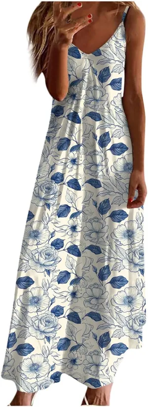 Summer Maxi Dresses for Women 2024 Sexy Floral Slip Dress Trendy Long V Neck Sun Dress Casual Summer Beach Vacation Outfits