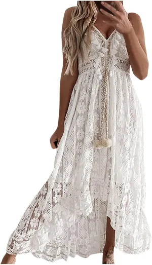 Summer Women's Dress V Neck Spaghetti Strap Sleeveless High Waist Bohemian Wedding Beach Casual Maxi Long Dresses
