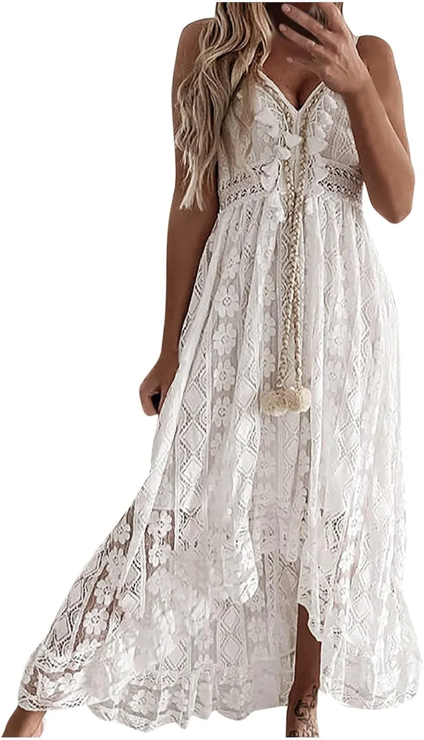 Summer Women's Dress V Neck Spaghetti Strap Sleeveless High Waist Bohemian Wedding Beach Casual Maxi Long Dresses