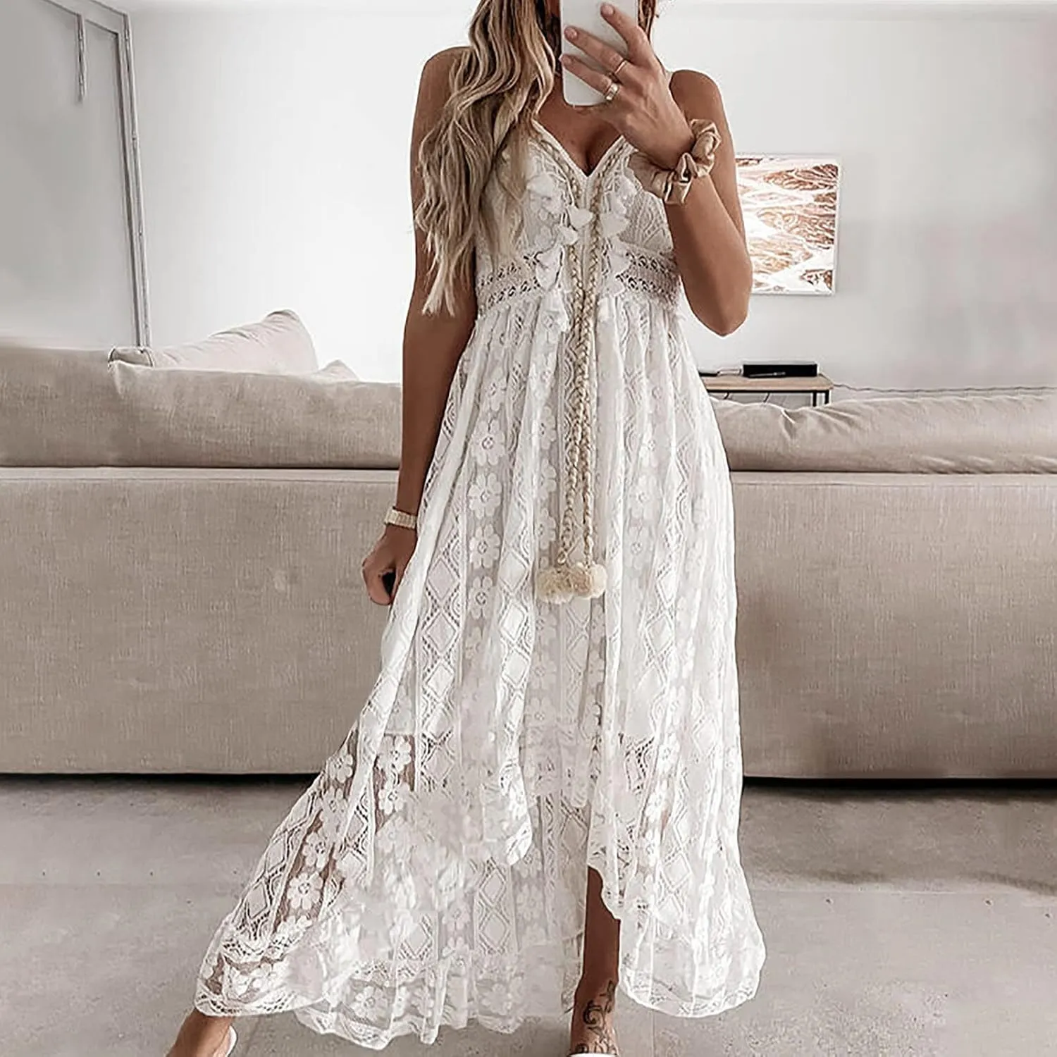 Summer Women's Dress V Neck Spaghetti Strap Sleeveless High Waist Bohemian Wedding Beach Casual Maxi Long Dresses