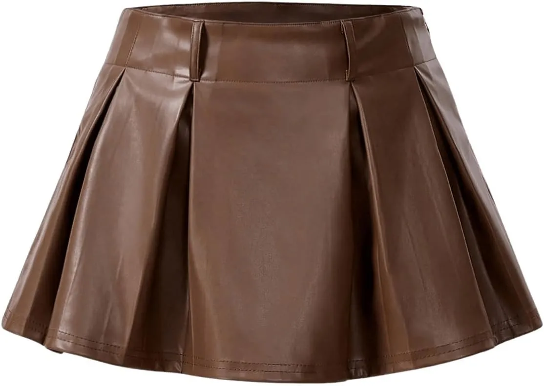 SweatyRocks Women's PU Leather A Line Mini Skirt Flared Hem Pleated Skirts with Shorts