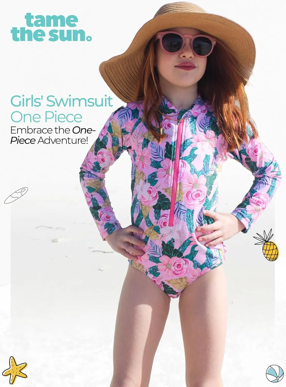 Tame the Sun Long Sleeve Girls' Swimsuit - Rash Guard with Frills, UPF 50  Zipper Swimwear - Bathing Suit for Ages 3-12