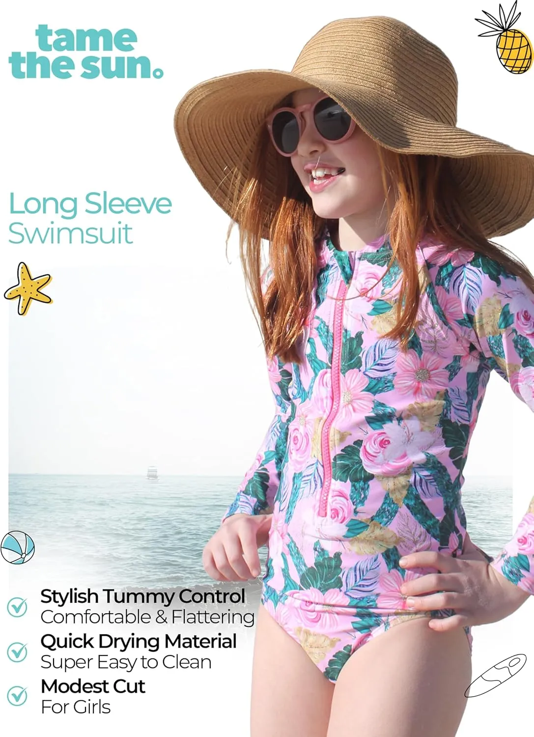 Tame the Sun Long Sleeve Girls' Swimsuit - Rash Guard with Frills, UPF 50  Zipper Swimwear - Bathing Suit for Ages 3-12
