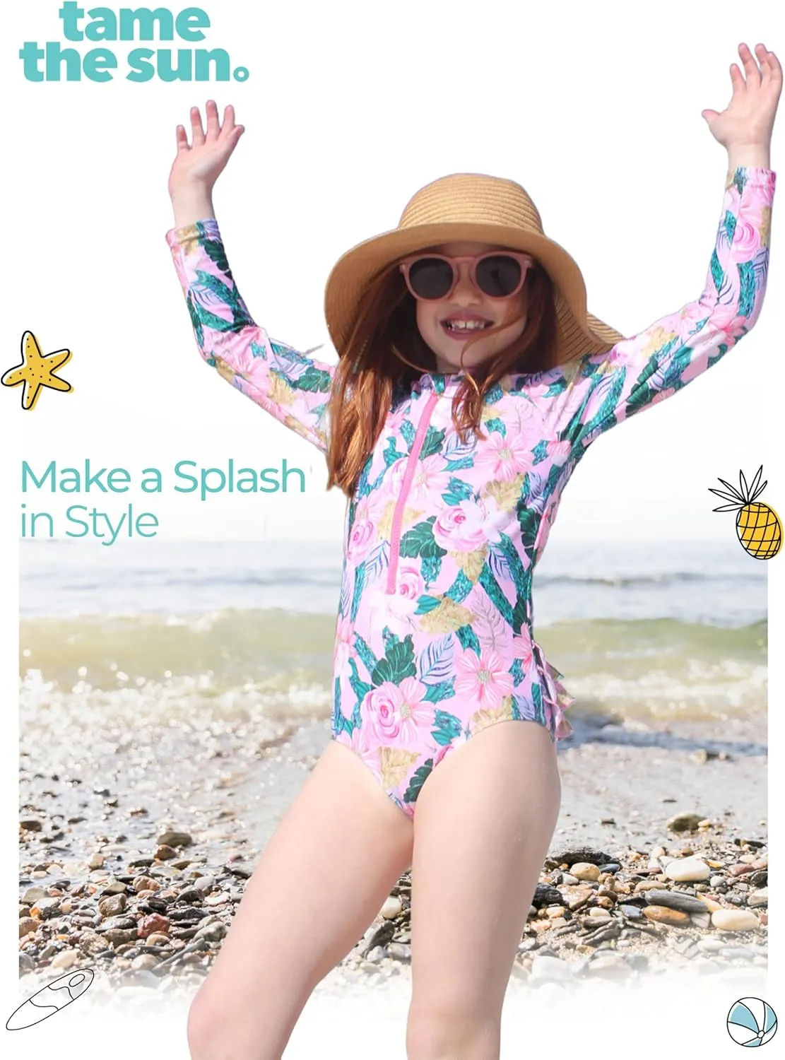 Tame the Sun Long Sleeve Girls' Swimsuit - Rash Guard with Frills, UPF 50  Zipper Swimwear - Bathing Suit for Ages 3-12