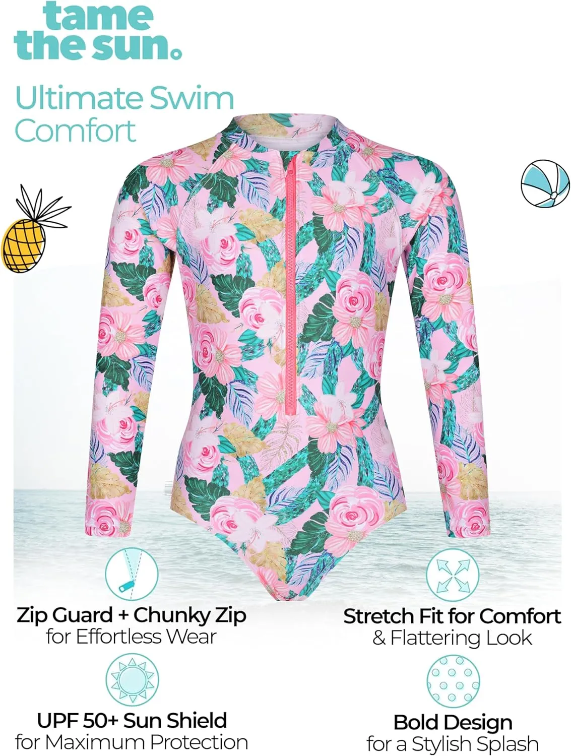 Tame the Sun Long Sleeve Girls' Swimsuit - Rash Guard with Frills, UPF 50  Zipper Swimwear - Bathing Suit for Ages 3-12