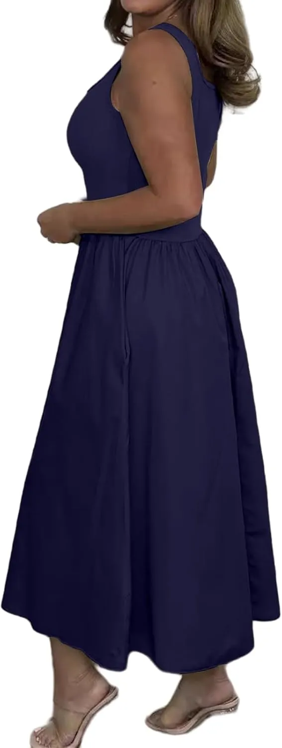 Tank Dresses for Women Casual Flowy Scoop Neck Sleeveless Midi Dress Summer Trendy Tunic Ruffle Hem Beach Sundress