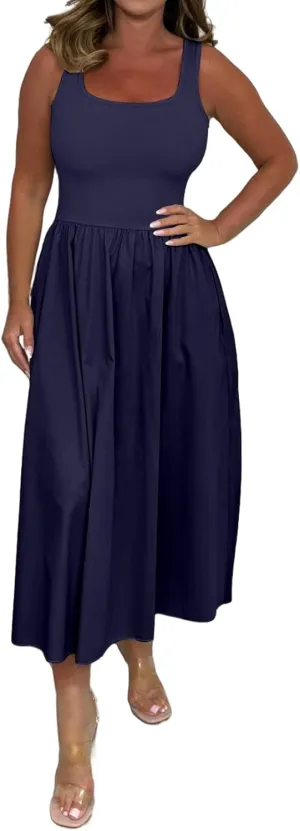 Tank Dresses for Women Casual Flowy Scoop Neck Sleeveless Midi Dress Summer Trendy Tunic Ruffle Hem Beach Sundress