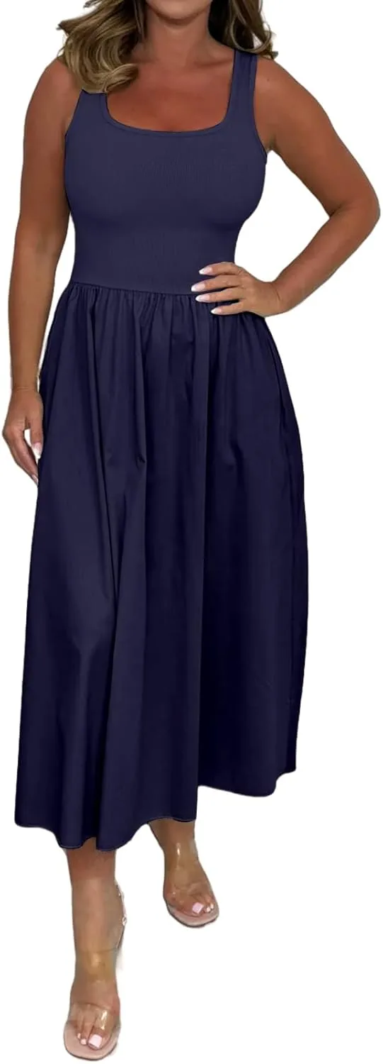 Tank Dresses for Women Casual Flowy Scoop Neck Sleeveless Midi Dress Summer Trendy Tunic Ruffle Hem Beach Sundress