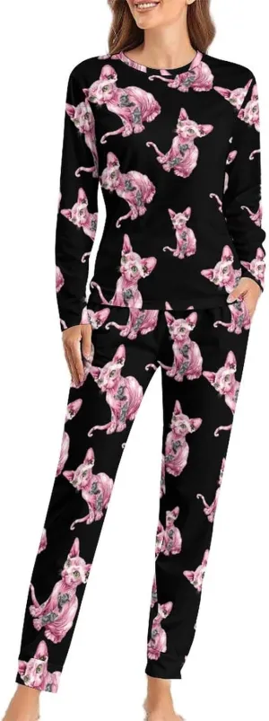 Tattooed Sphynx Cat Hairless Pajama Sets for Women 2 Piece Long Sleeve Top And Pj Pants Loungewear with Pockets Sleepwear L