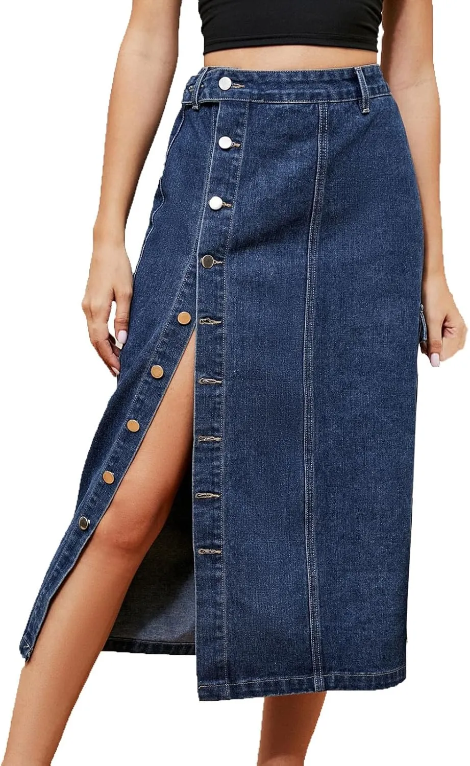 Vintage A-line Midi Skirt High Waisted Button Front Casual Slit Long Skirts for Women Comfy Stretch Denim Skirt