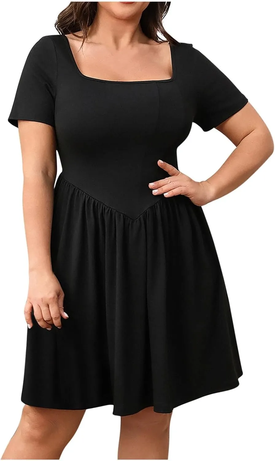 Women 2025 Summer Dresses Square Neck Formal Short Sleeve Business Casual Outfits Ruffle Beach Plus Size Sundress