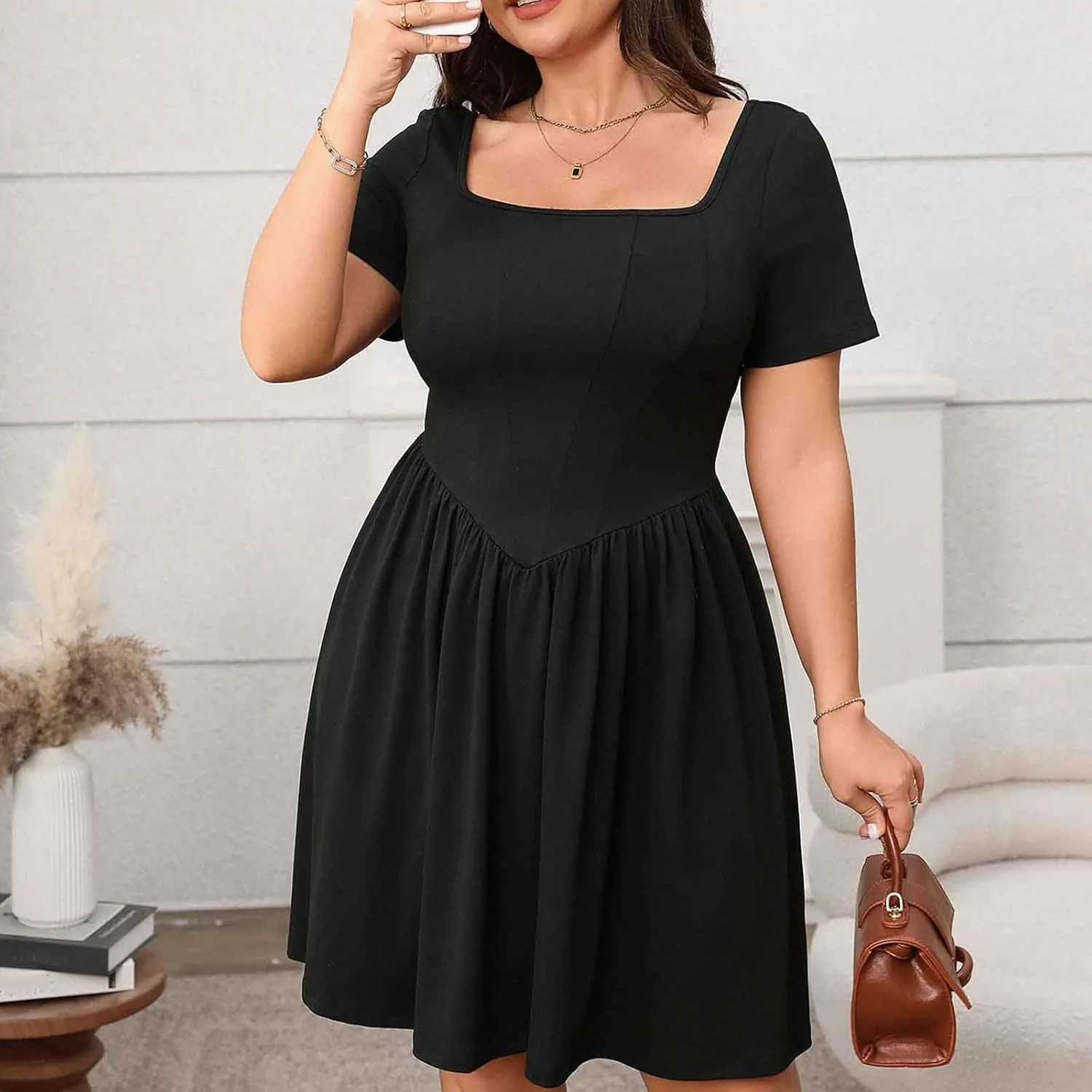 Women 2025 Summer Dresses Square Neck Formal Short Sleeve Business Casual Outfits Ruffle Beach Plus Size Sundress