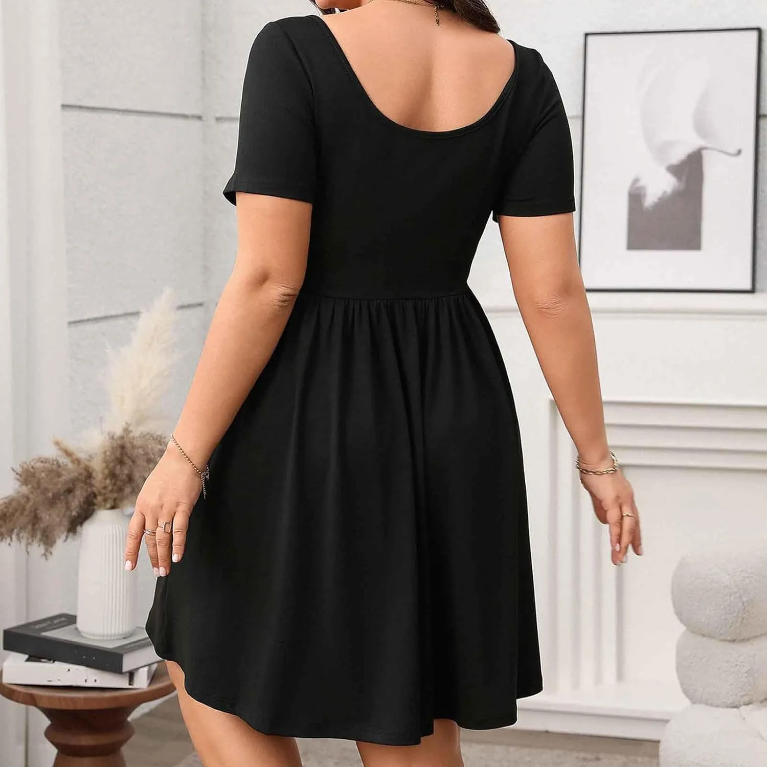 Women 2025 Summer Dresses Square Neck Formal Short Sleeve Business Casual Outfits Ruffle Beach Plus Size Sundress