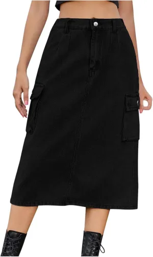 Women Denim Cargo Long Skirts High Waisted Pencil Skirt Midi Length Jean Skirt A-Line Denim Skirt with Cargo Pockets