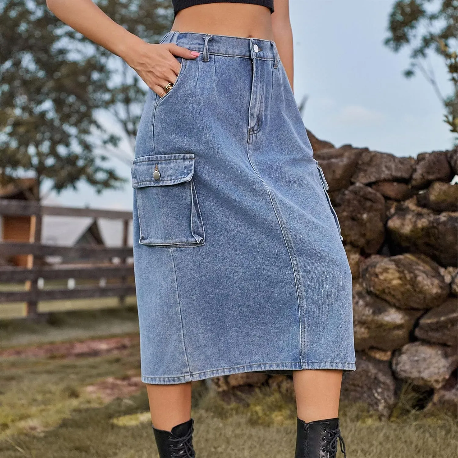 Women Denim Cargo Long Skirts High Waisted Pencil Skirt Midi Length Jean Skirt A-Line Denim Skirt with Cargo Pockets