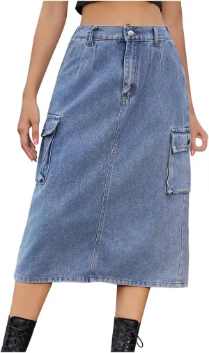 Women Denim Cargo Long Skirts High Waisted Pencil Skirt Midi Length Jean Skirt A-Line Denim Skirt with Cargo Pockets