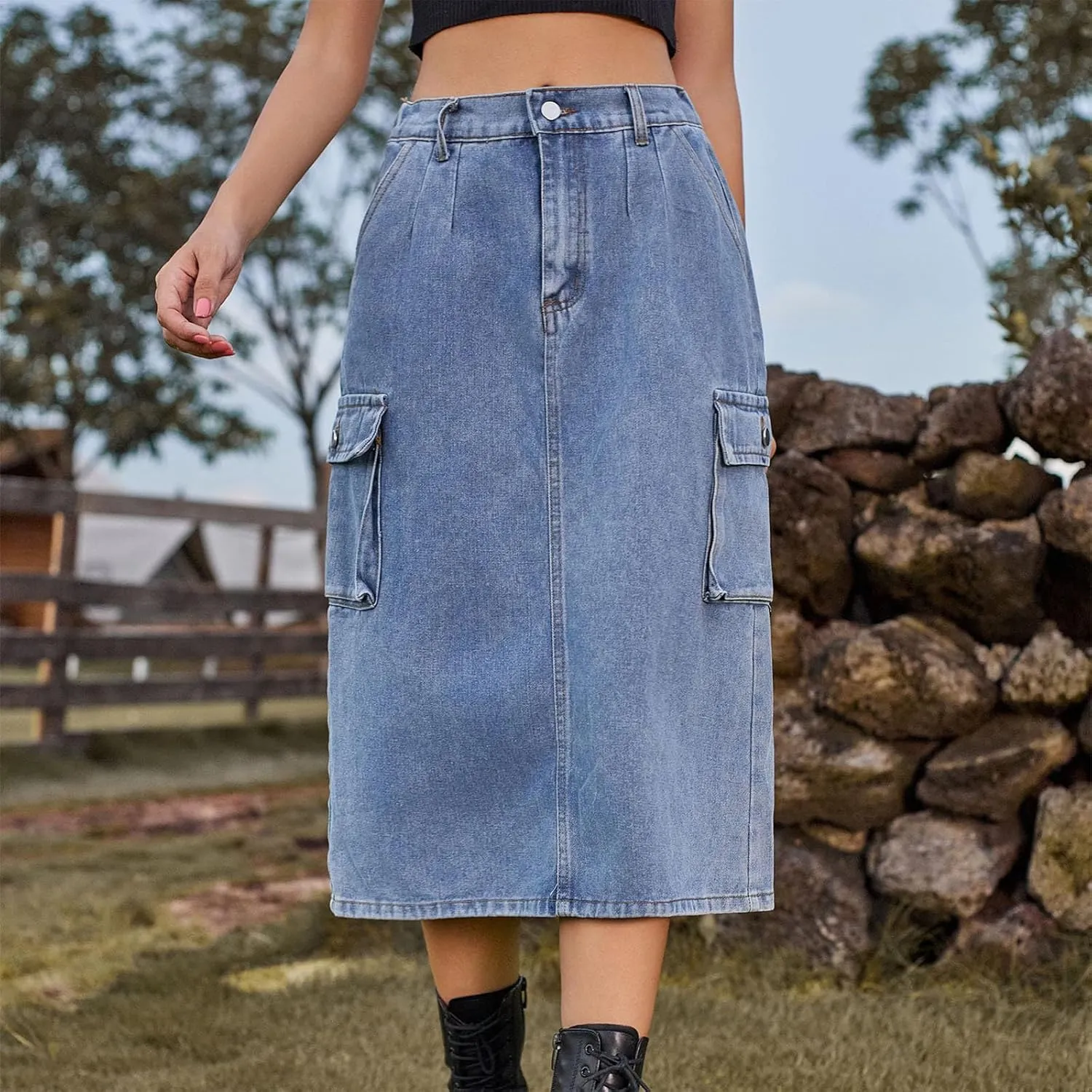 Women Denim Cargo Long Skirts High Waisted Pencil Skirt Midi Length Jean Skirt A-Line Denim Skirt with Cargo Pockets