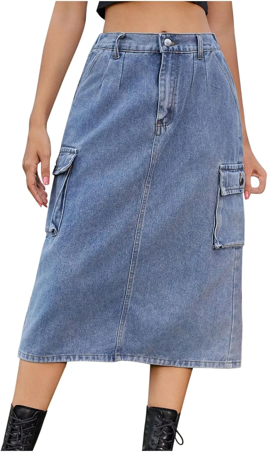 Women Denim Cargo Long Skirts High Waisted Pencil Skirt Midi Length Jean Skirt A-Line Denim Skirt with Cargo Pockets