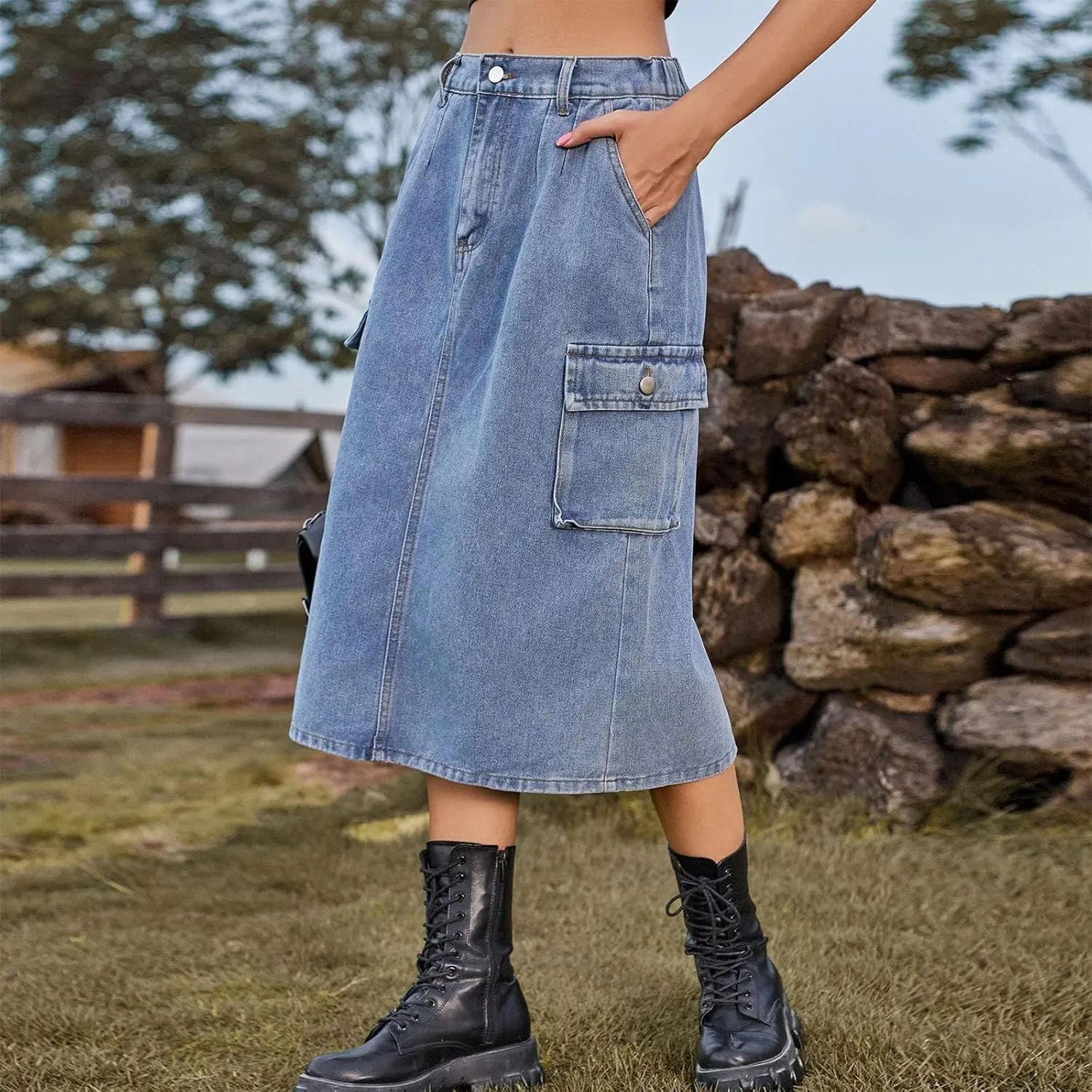 Women Denim Cargo Long Skirts High Waisted Pencil Skirt Midi Length Jean Skirt A-Line Denim Skirt with Cargo Pockets