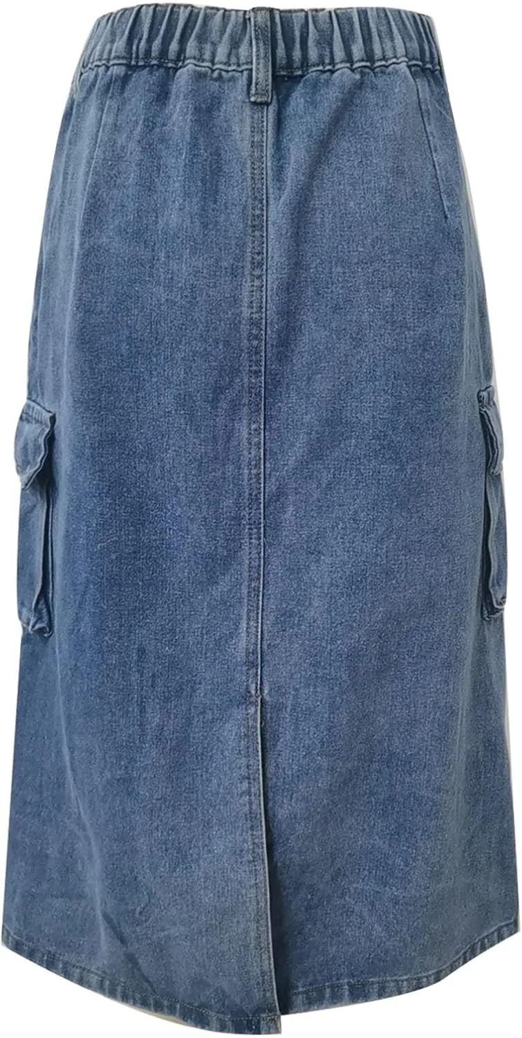 Women Denim Cargo Long Skirts High Waisted Pencil Skirt Midi Length Jean Skirt A-Line Denim Skirt with Cargo Pockets