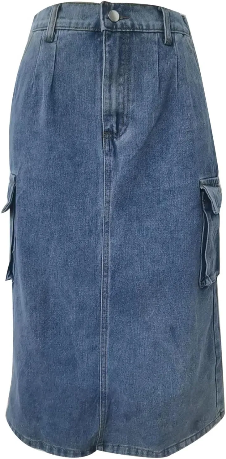 Women Denim Cargo Long Skirts High Waisted Pencil Skirt Midi Length Jean Skirt A-Line Denim Skirt with Cargo Pockets