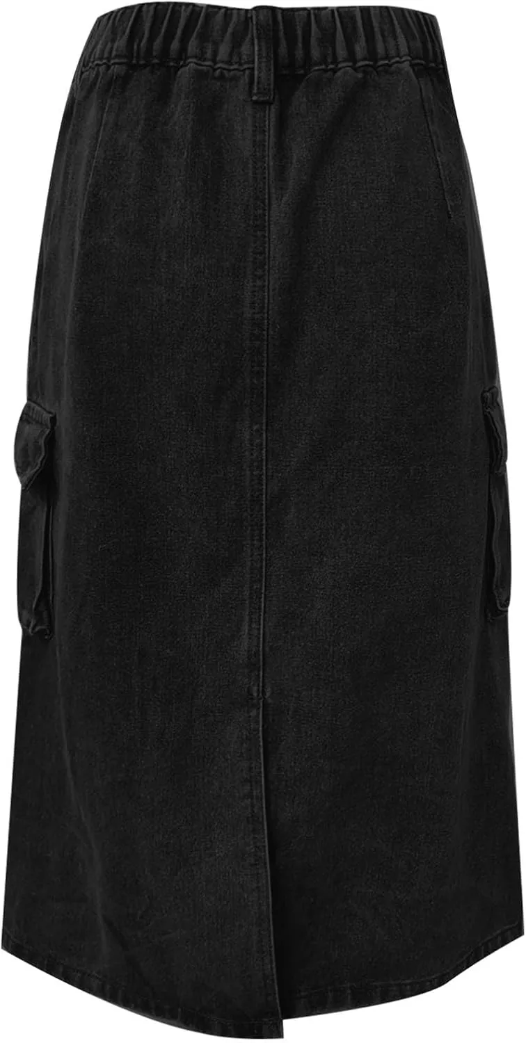 Women Denim Cargo Long Skirts High Waisted Pencil Skirt Midi Length Jean Skirt A-Line Denim Skirt with Cargo Pockets
