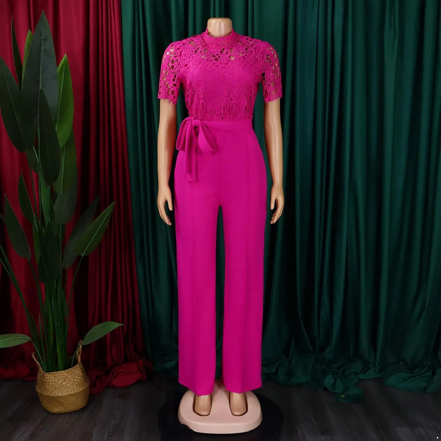 Women Elegant Floral Lace Formal Jumpsuit Hollow Out Empire Waisted Wide Leg Romper Pants One Piece Outfit