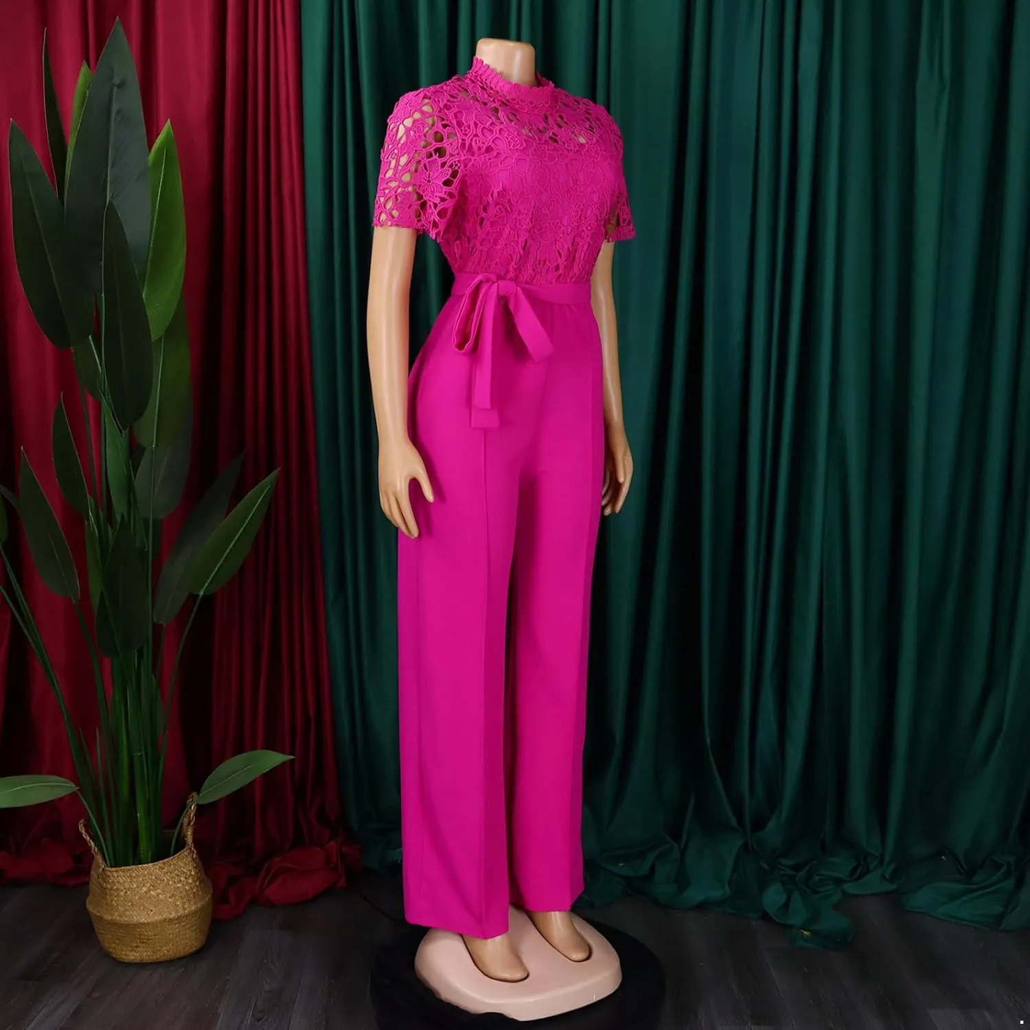 Women Elegant Floral Lace Formal Jumpsuit Hollow Out Empire Waisted Wide Leg Romper Pants One Piece Outfit