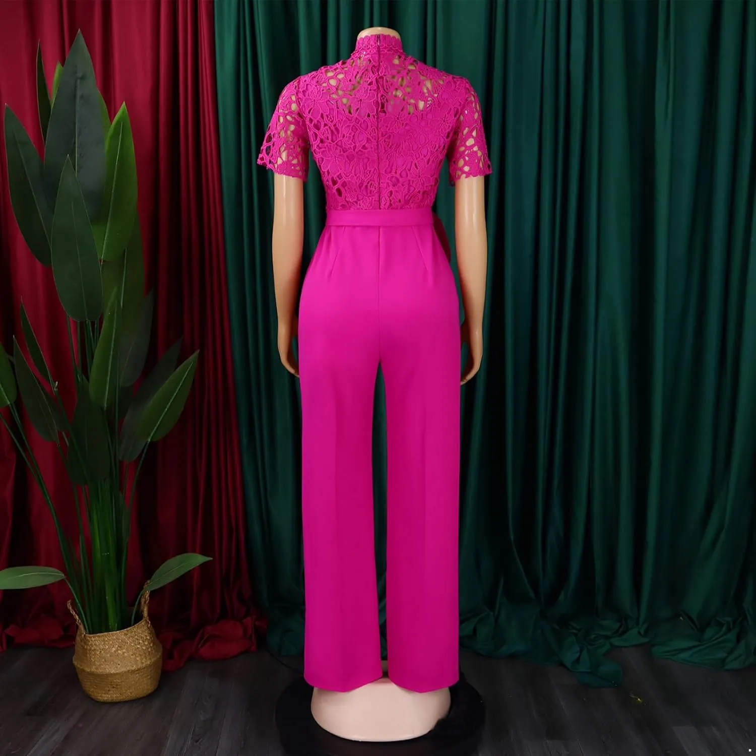 Women Elegant Floral Lace Formal Jumpsuit Hollow Out Empire Waisted Wide Leg Romper Pants One Piece Outfit