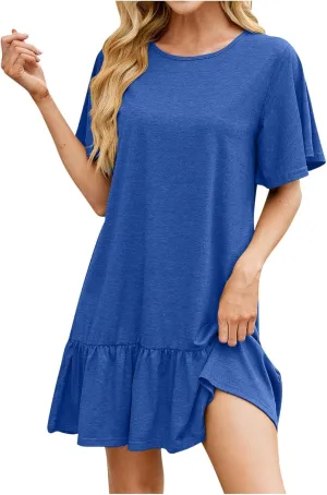 Women Ruffle Hem T-Shirt Dress Crewneck Short Sleeve Mini Sundress Summer Casual Loose Splice Beach Dresses