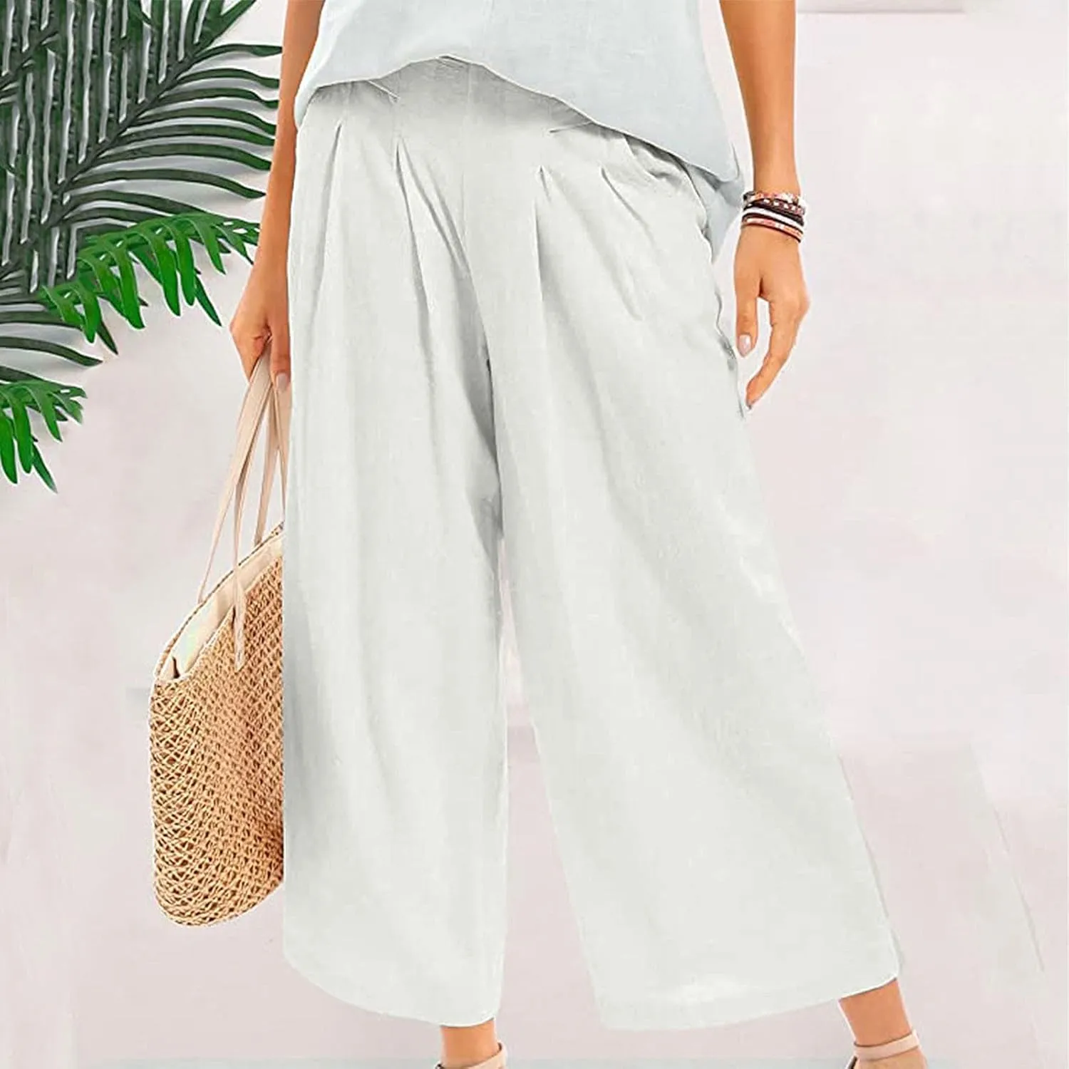 Women' s Culottes Linen Blend Wide Leg Pants Elastic Waist Casual Palazzo Trousers with Pockets Capris