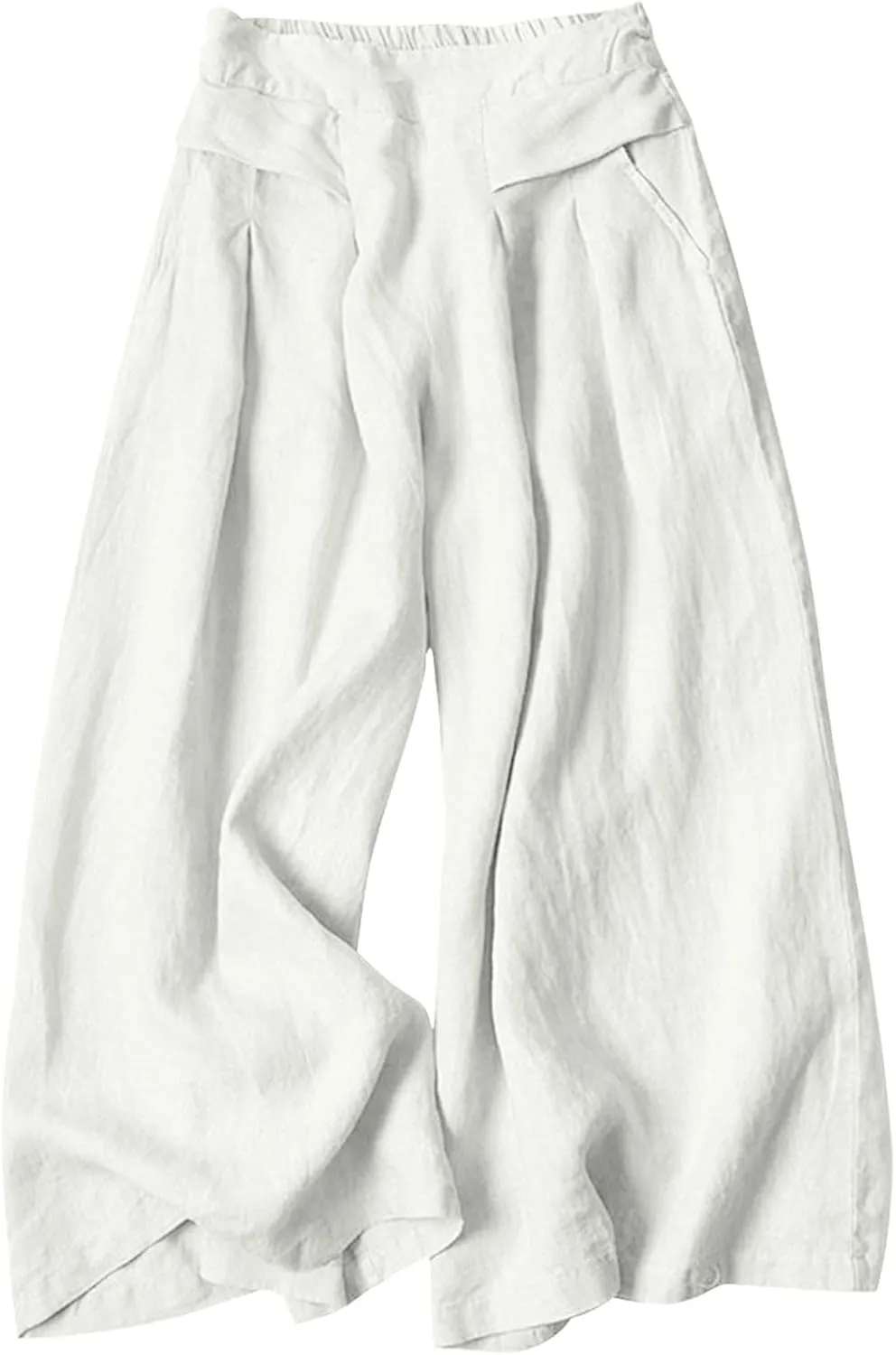 Women' s Culottes Linen Blend Wide Leg Pants Elastic Waist Casual Palazzo Trousers with Pockets Capris