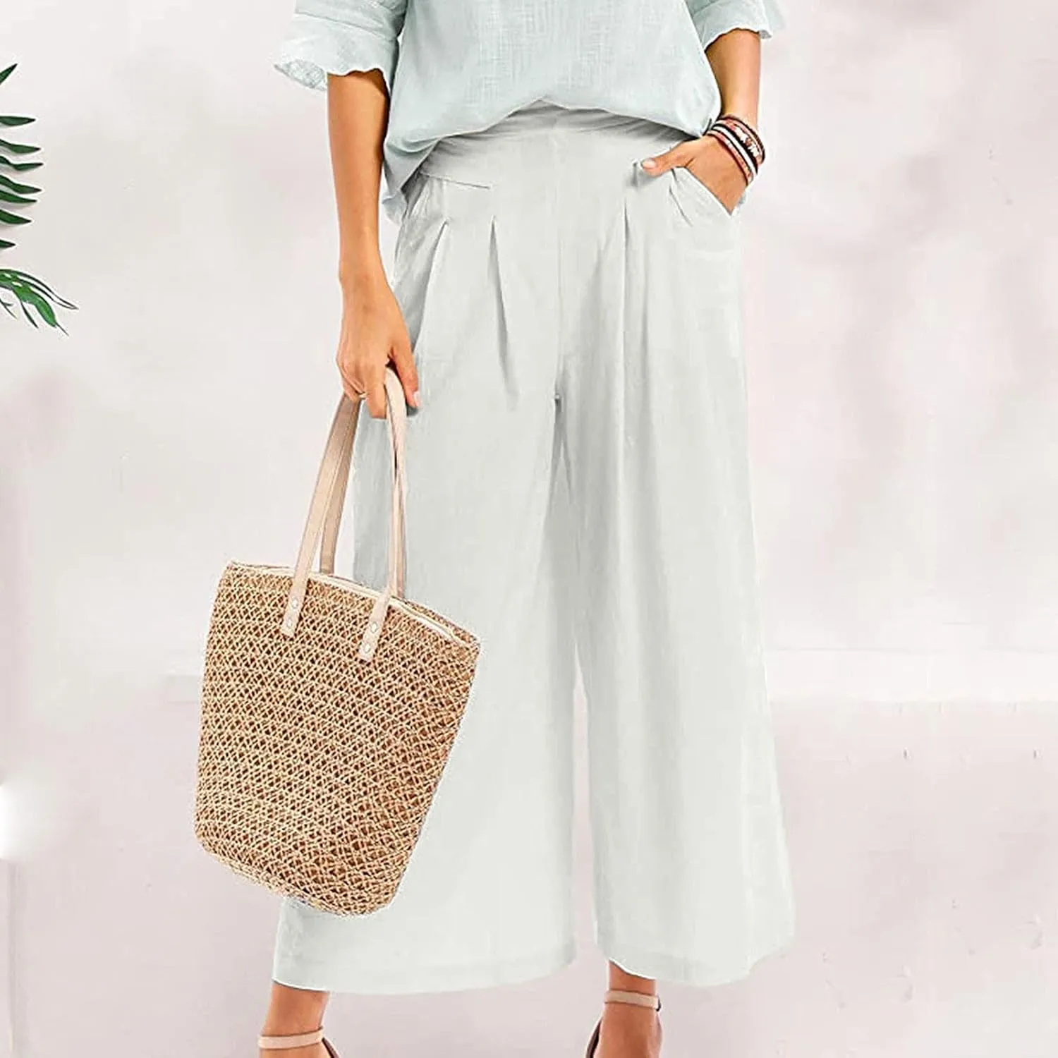 Women' s Culottes Linen Blend Wide Leg Pants Elastic Waist Casual Palazzo Trousers with Pockets Capris