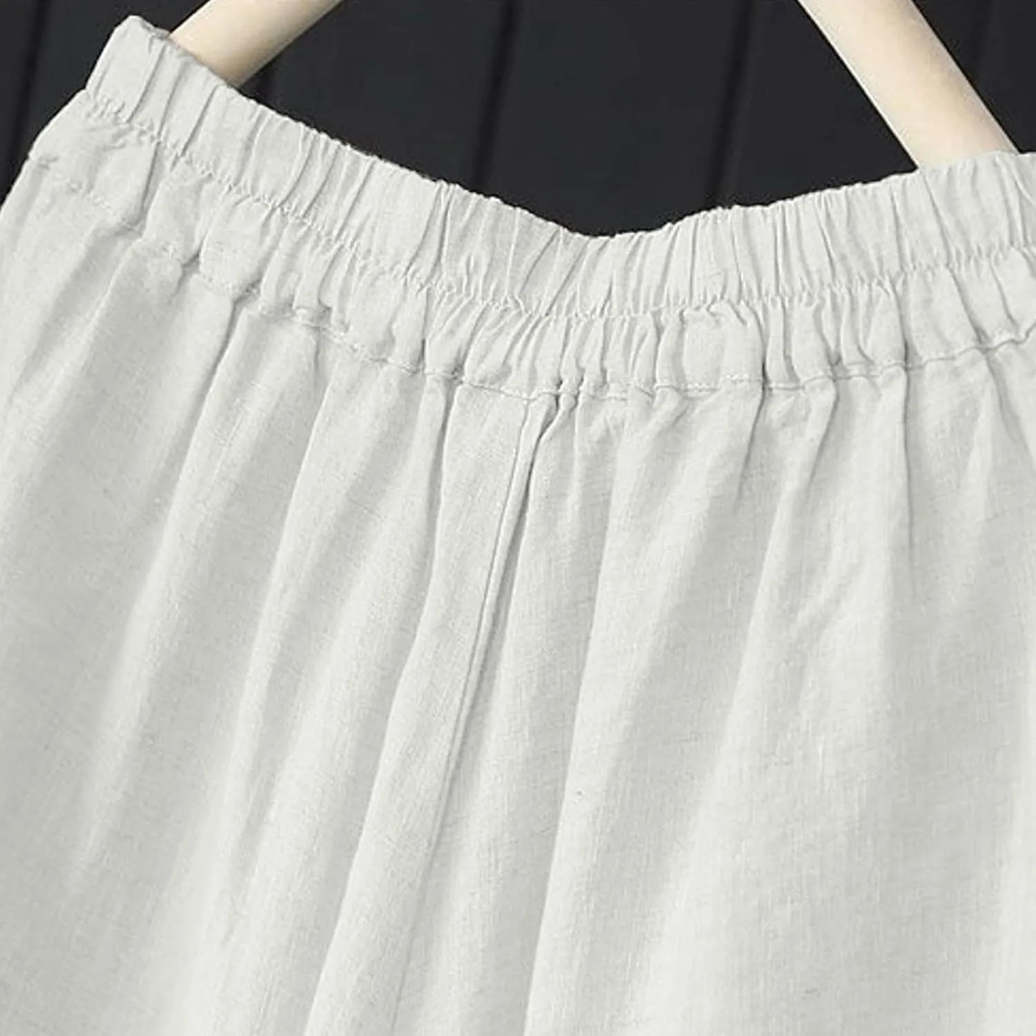 Women' s Culottes Linen Blend Wide Leg Pants Elastic Waist Casual Palazzo Trousers with Pockets Capris