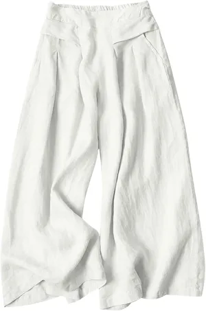 Women' s Culottes Linen Blend Wide Leg Pants Elastic Waist Casual Palazzo Trousers with Pockets Capris