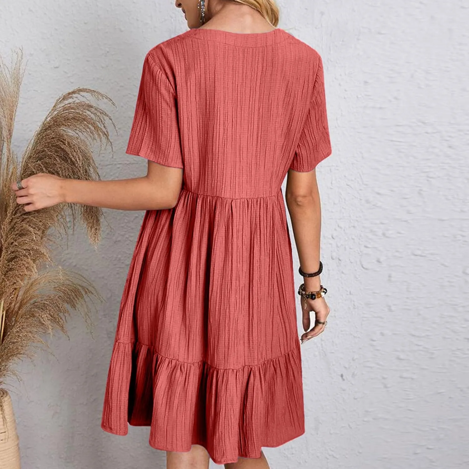 Women V Neck Casual Dresses Summer Loose Short Sleeve Mini Dress Ruffle Cute Beach Swing Boho 2025 Vacation Outfits