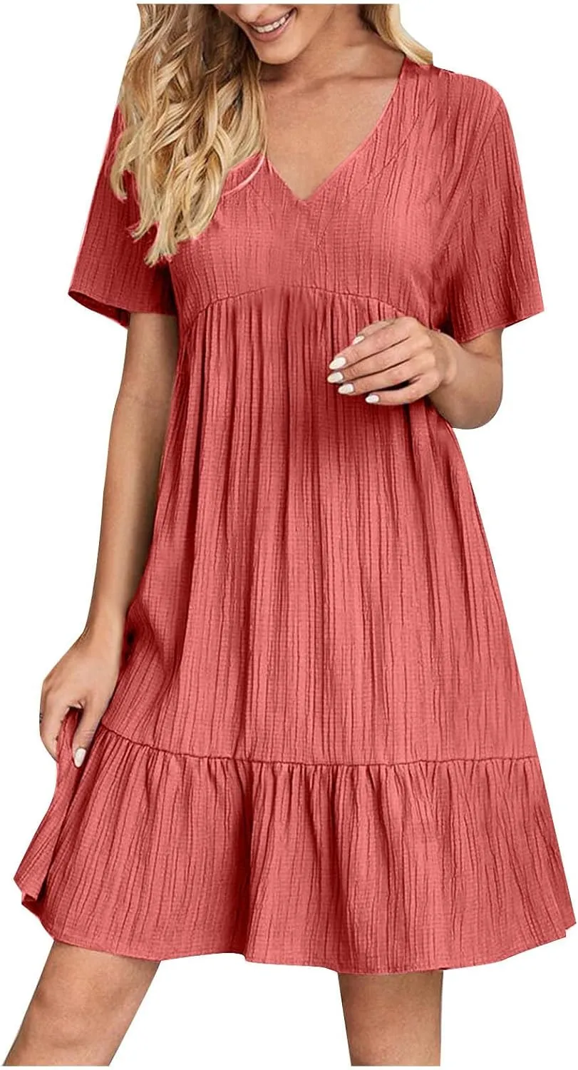 Women V Neck Casual Dresses Summer Loose Short Sleeve Mini Dress Ruffle Cute Beach Swing Boho 2025 Vacation Outfits