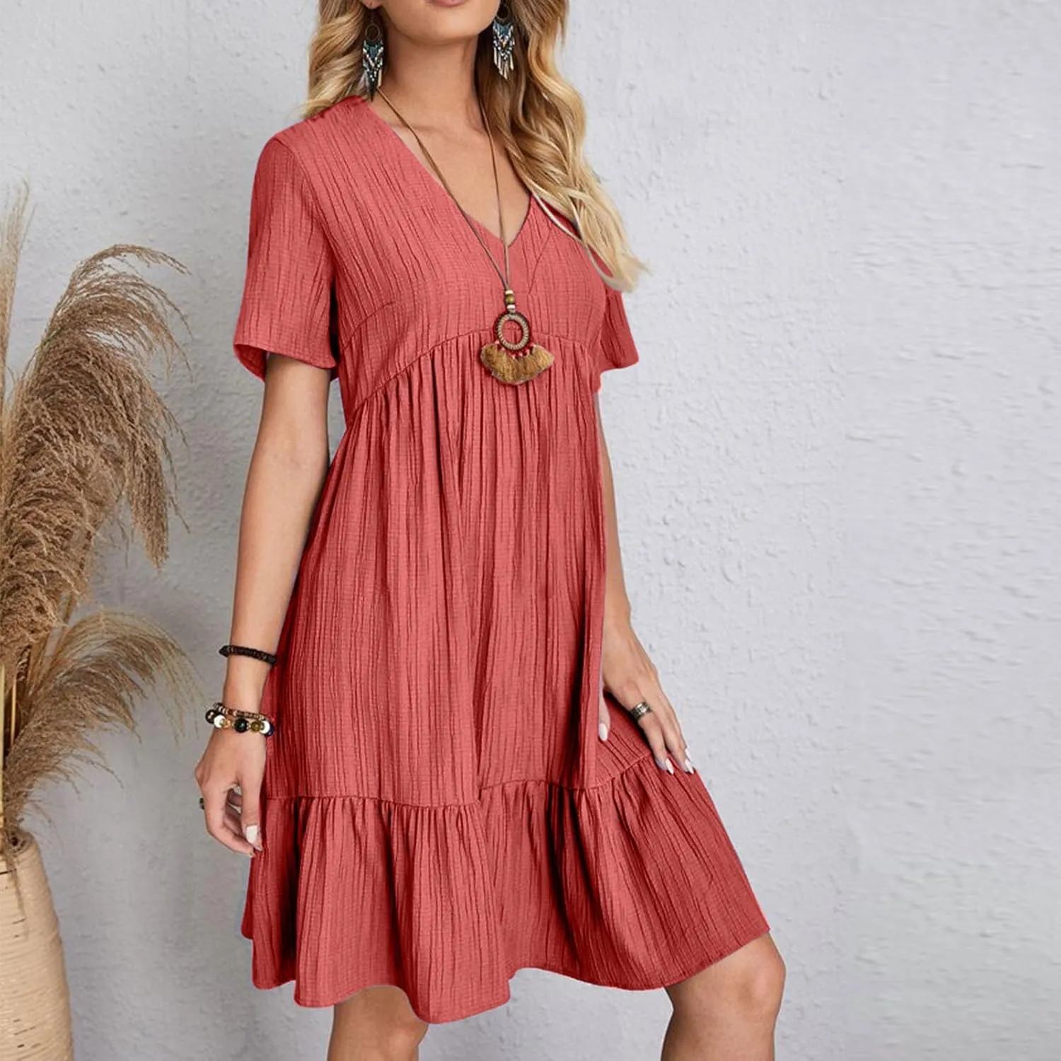 Women V Neck Casual Dresses Summer Loose Short Sleeve Mini Dress Ruffle Cute Beach Swing Boho 2025 Vacation Outfits