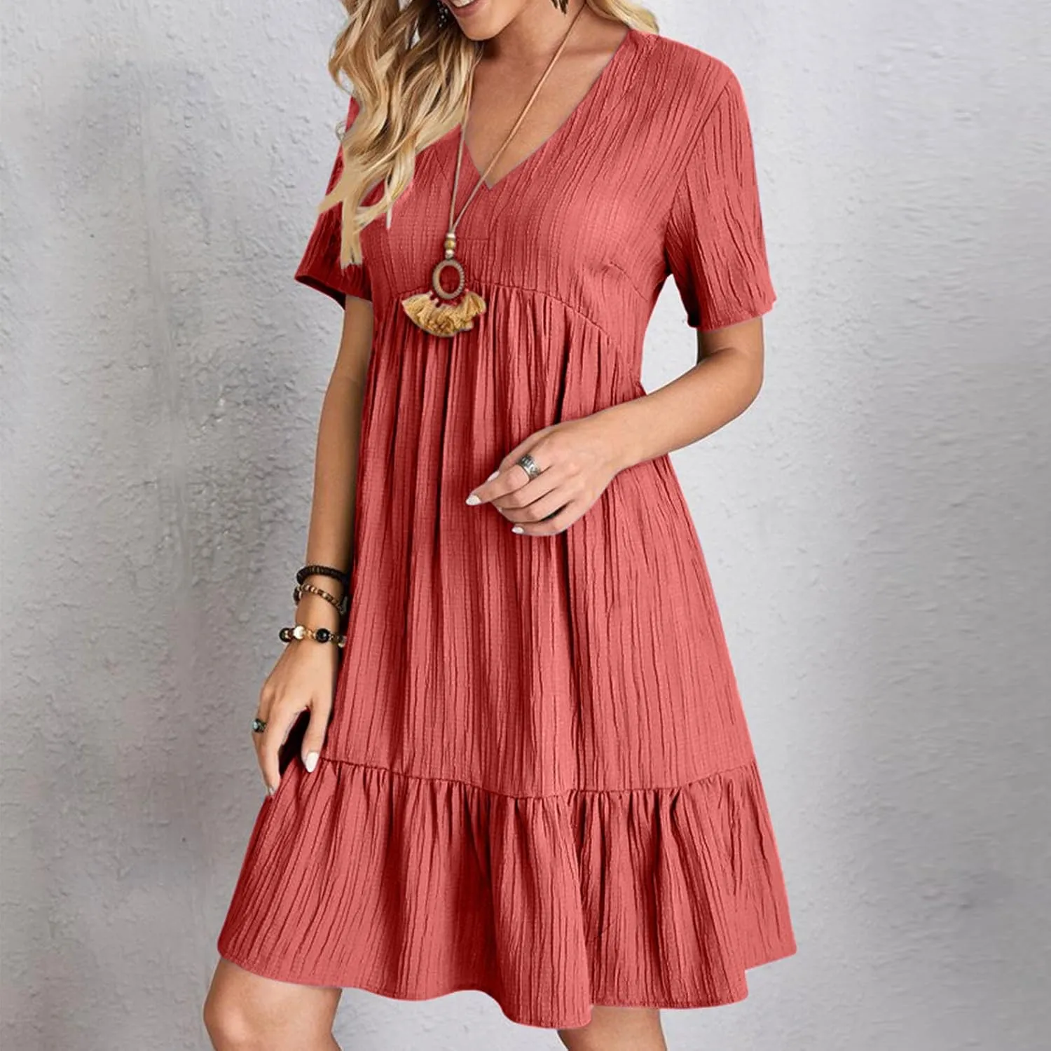 Women V Neck Casual Dresses Summer Loose Short Sleeve Mini Dress Ruffle Cute Beach Swing Boho 2025 Vacation Outfits