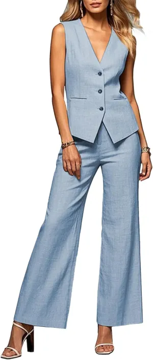 Womens 2 Piece Outfits V Neck Summer Linen Sleeveless Vest Pant Sets Suits Business Casual Suit