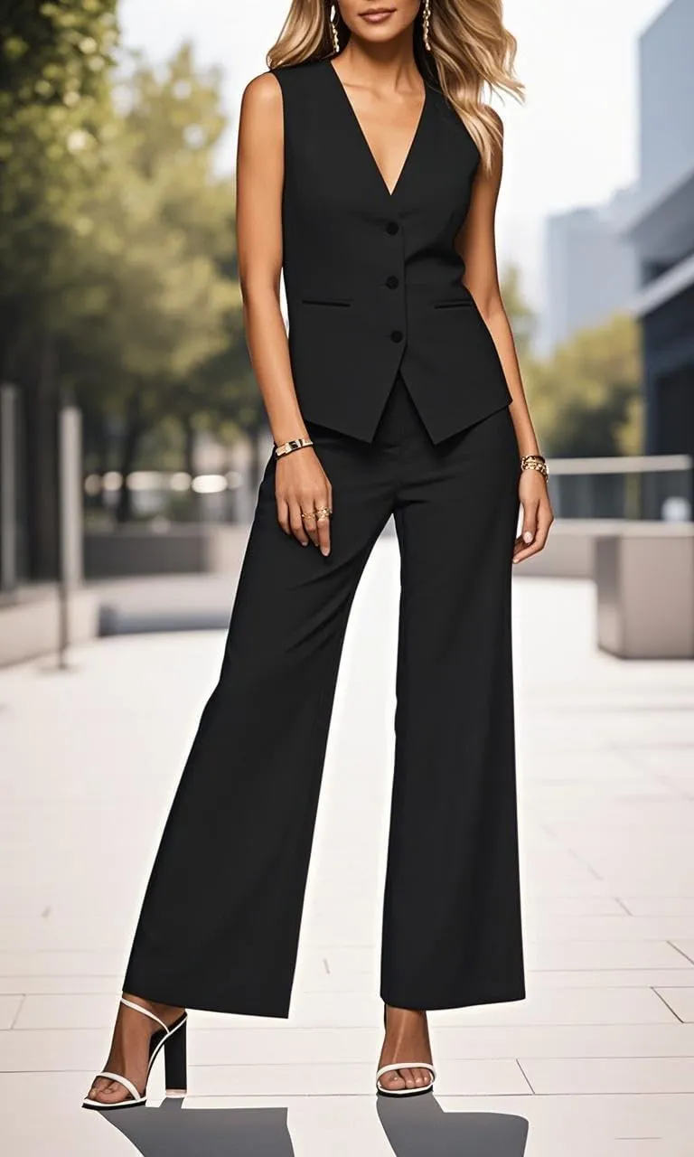Womens 2 Piece Outfits V Neck Summer Linen Sleeveless Vest Pant Sets Suits Business Casual Suit