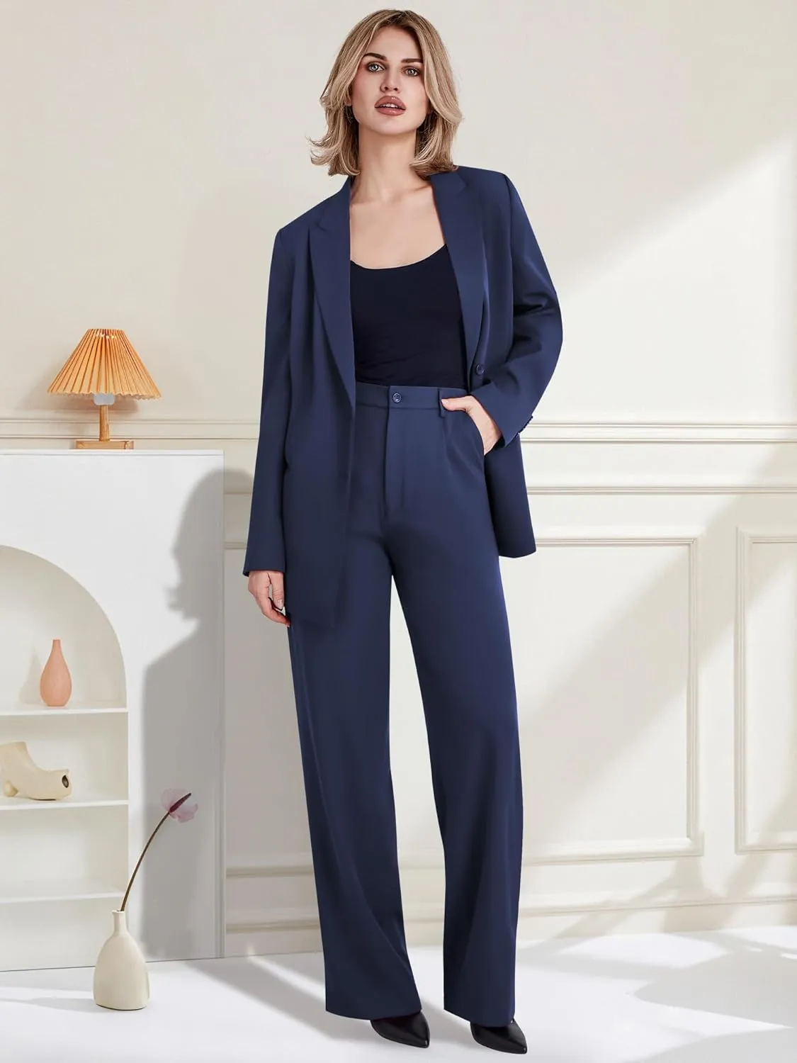 Women's 2 Piece Suit Two Button Business Casual Office Work Outfits Dressy Blazer Wide Leg Pants Set