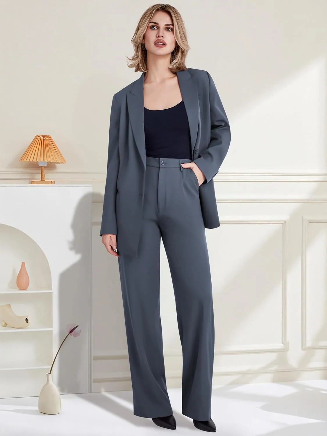 Women's 2 Piece Suit Two Button Business Casual Office Work Outfits Dressy Blazer Wide Leg Pants Set
